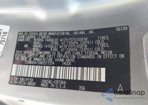 2008 Toyota Tundra Sr5 5.7L V8 from USA, damaged, VIN 5TBBV54138S521354